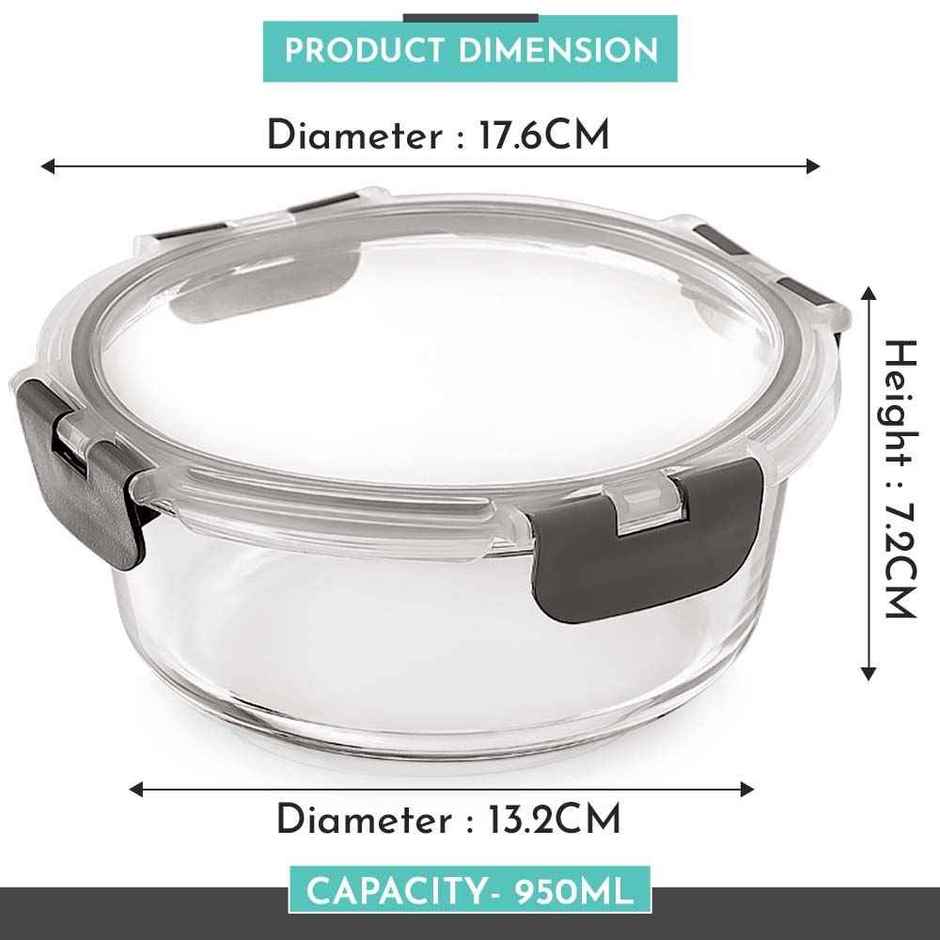Magnus Glock Round 950 ml Borosilicate Glass Container with Airtight Lid & Detachable Lock | Grey