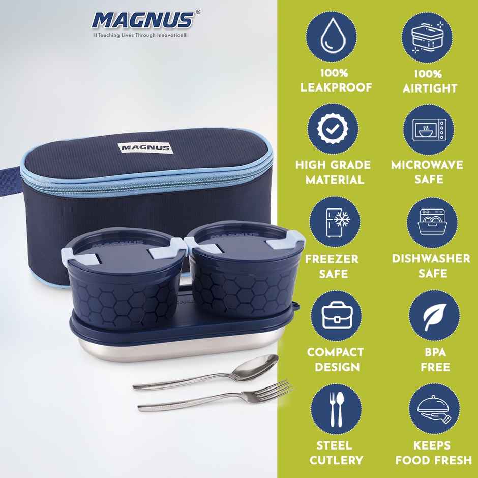 Magnus Olive 3 Prime Microwave Safe Lunch Box Set | Stainless Steel Steam lock Containers & Pouch