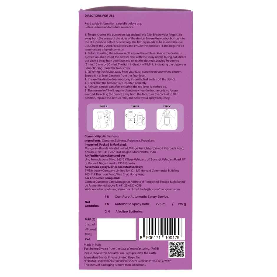Campure Automatic Spray Machine + Lavender Camphor /Kapur Air Freshener Refill