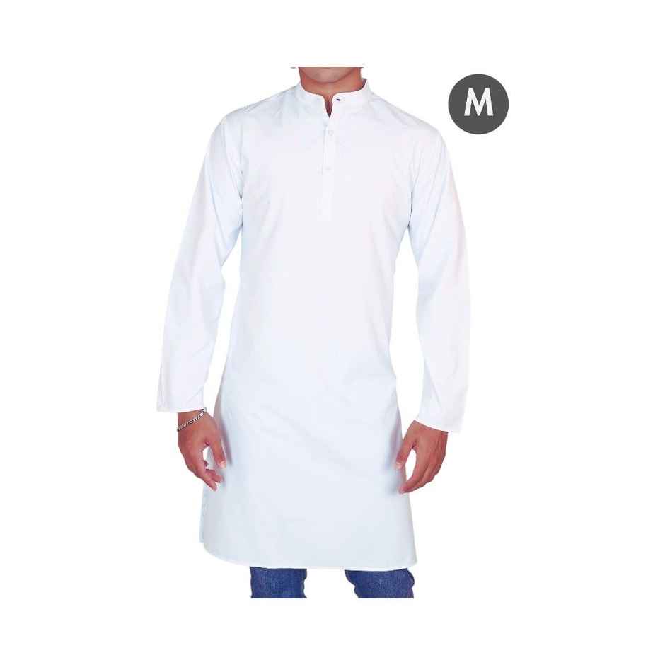 EQL Men's Cotton Linen Button Placket Long Kurta for Men | White - M