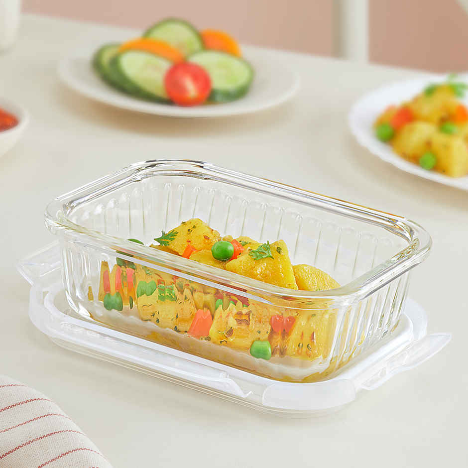 Borosil Fluted Klip N Store Rectangle Food Storage Container Borosilicate Glass Microwave Safe