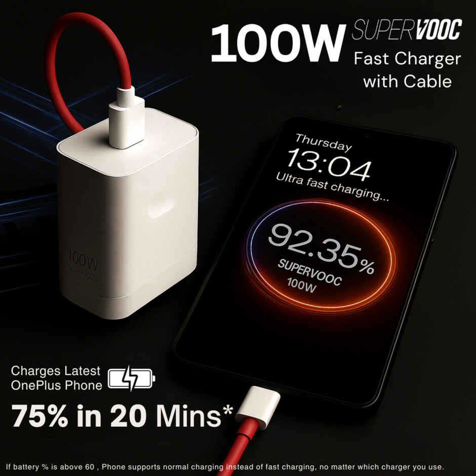 Roarx 100W Supervooc/VOOC/WARP/DASH Fast Charging Adapter with Cable for OnePlus - White & Red