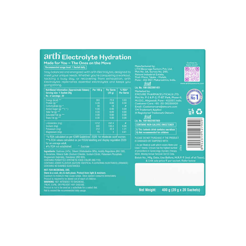 Arth By Emcure Electrolyte Hydration Boosts Energy Orange flavour