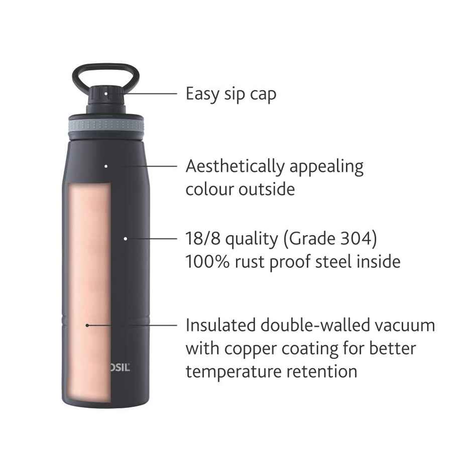 Borosil Stainless Steel Gosports Water Bottle, 14 Hrs Hot & 18 Hrs Cold Insulated | Black | 600 ml