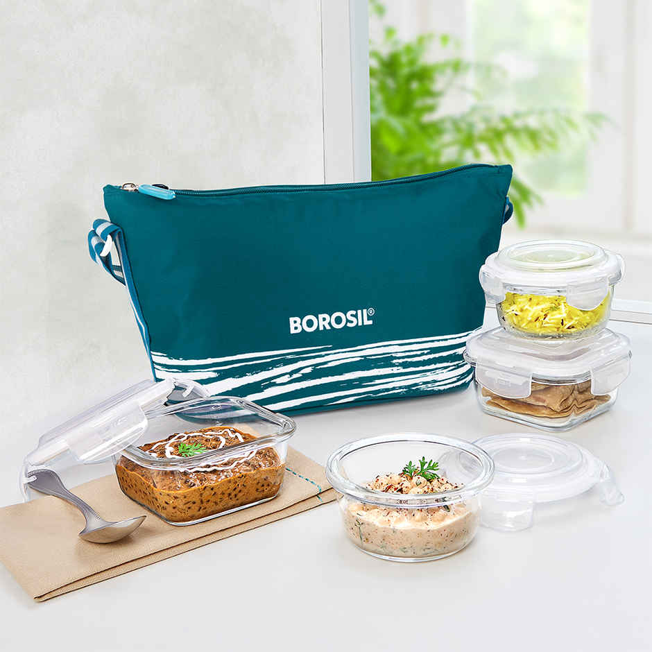 Borosil Stellar Daisy Square & Round Glass Lunch Boxes | Microwave Safe | 320 ml & 240 ml