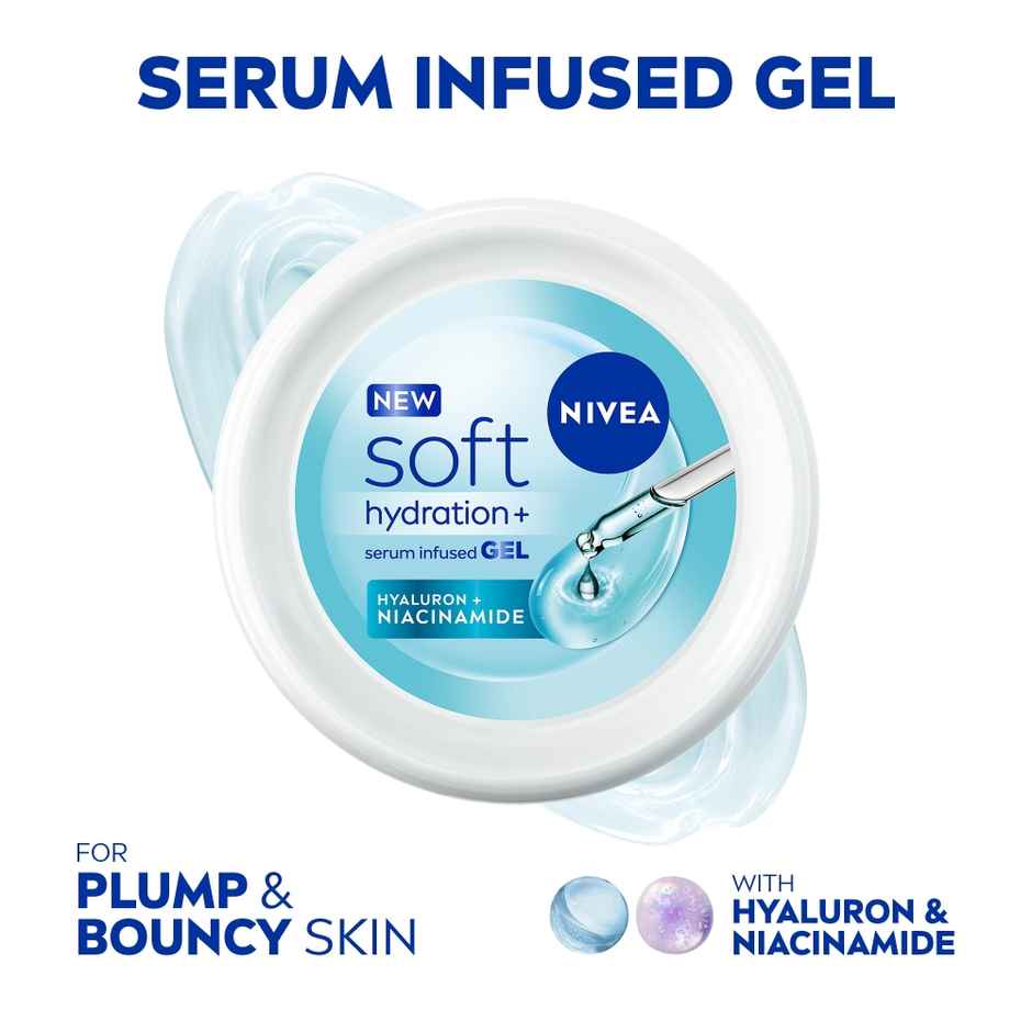 NIVEA Soft Gel Moisturizer, Hyaluron & Niacinamide, 100Hr Hydration, Serum Infused Gel