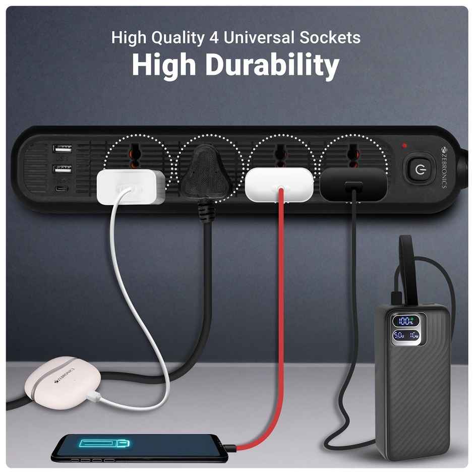 Zebronics Power Bar 145 | 2000W | 1 x Type C Port | 4 x Universal Socket | 2 x USB Port | 5 m
