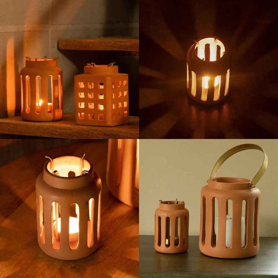 Lupa Terracotta Round Lantern with Metal Handle | Small | Ellementry