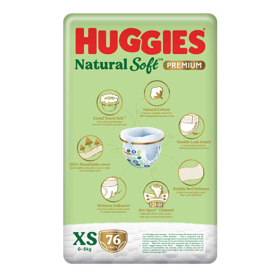 Huggies Natural soft Premium Pant style Baby diaper | XS, 0-5kg, 12 hour absorption, 100% natural cotton, for newborn