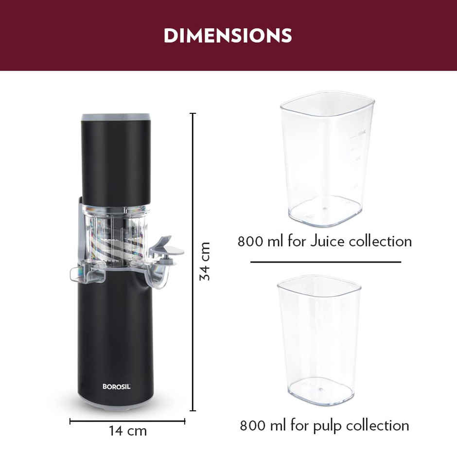 Borosil Easy Juice Cold Press Slow Juicer | 130W | Less Oxidation | For Fruits & Vegetables - Black