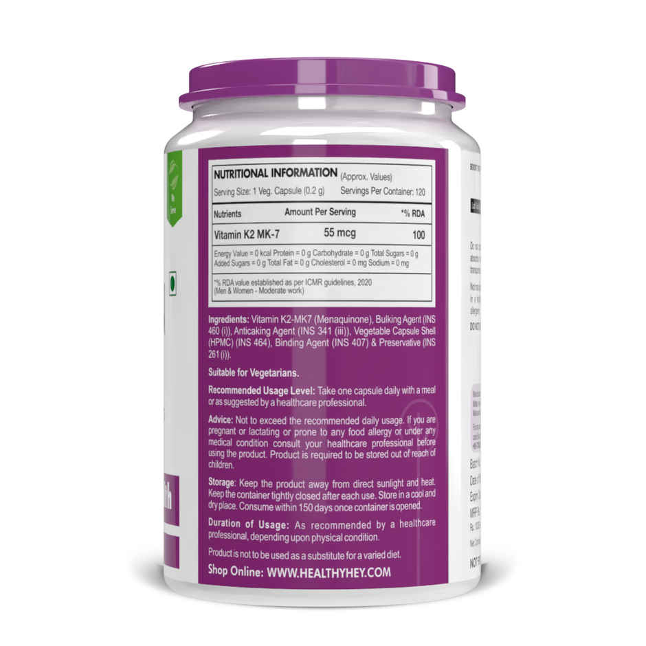HealthyHey Nutrition Vitamin K2 MK7 | Vegetarian Source | Bone Health Support | 55 mcg