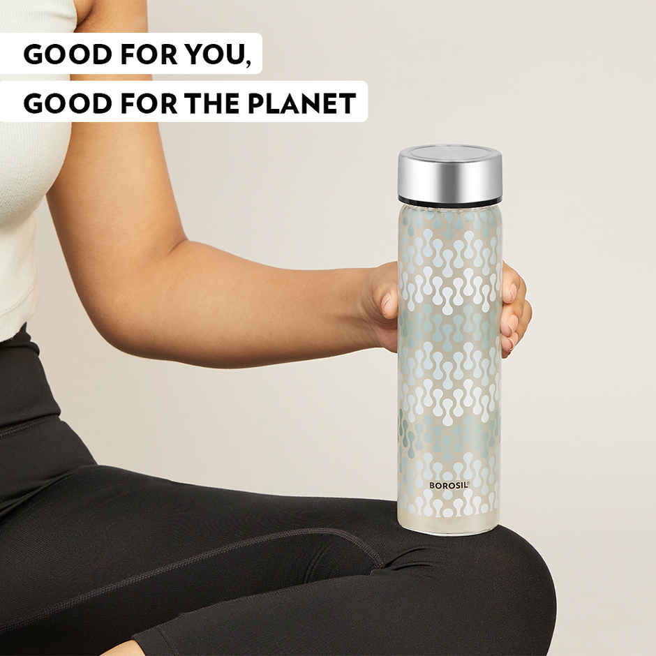 Borosil Vista Wide Mouth Bottle with Metal Lid Borosilicate Glass Dishwasher Safe