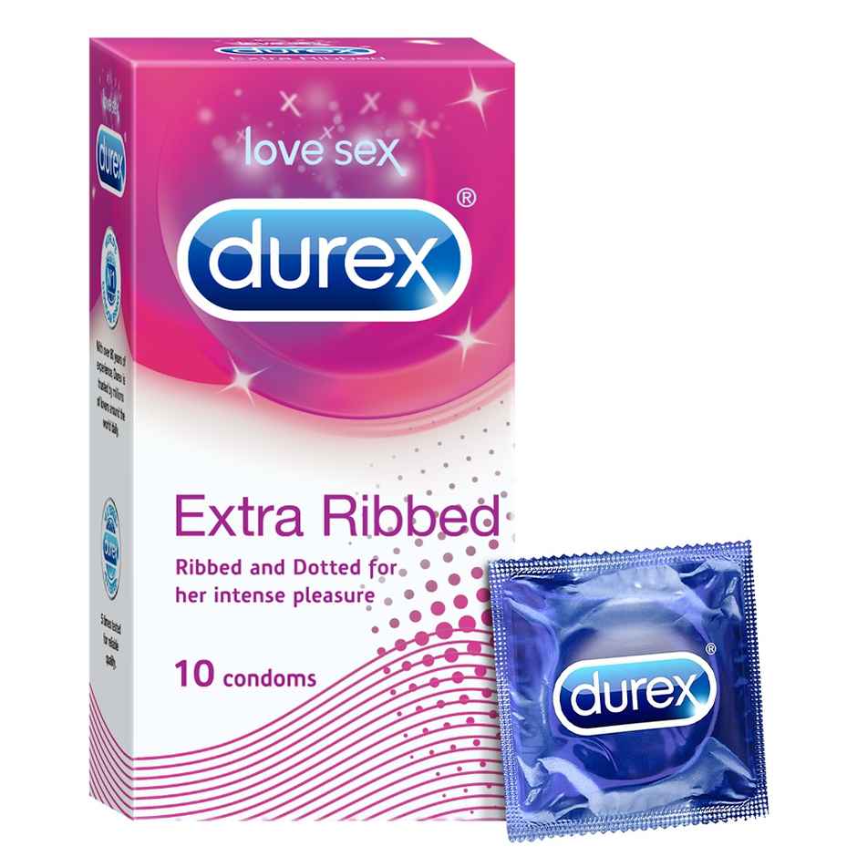 Durex Extra Ribbed Condom - Dotted & Ribbed Condoms (10pc) & Durex Lube - Real Feel - Long Lasting Lubricant (50ml) Combo