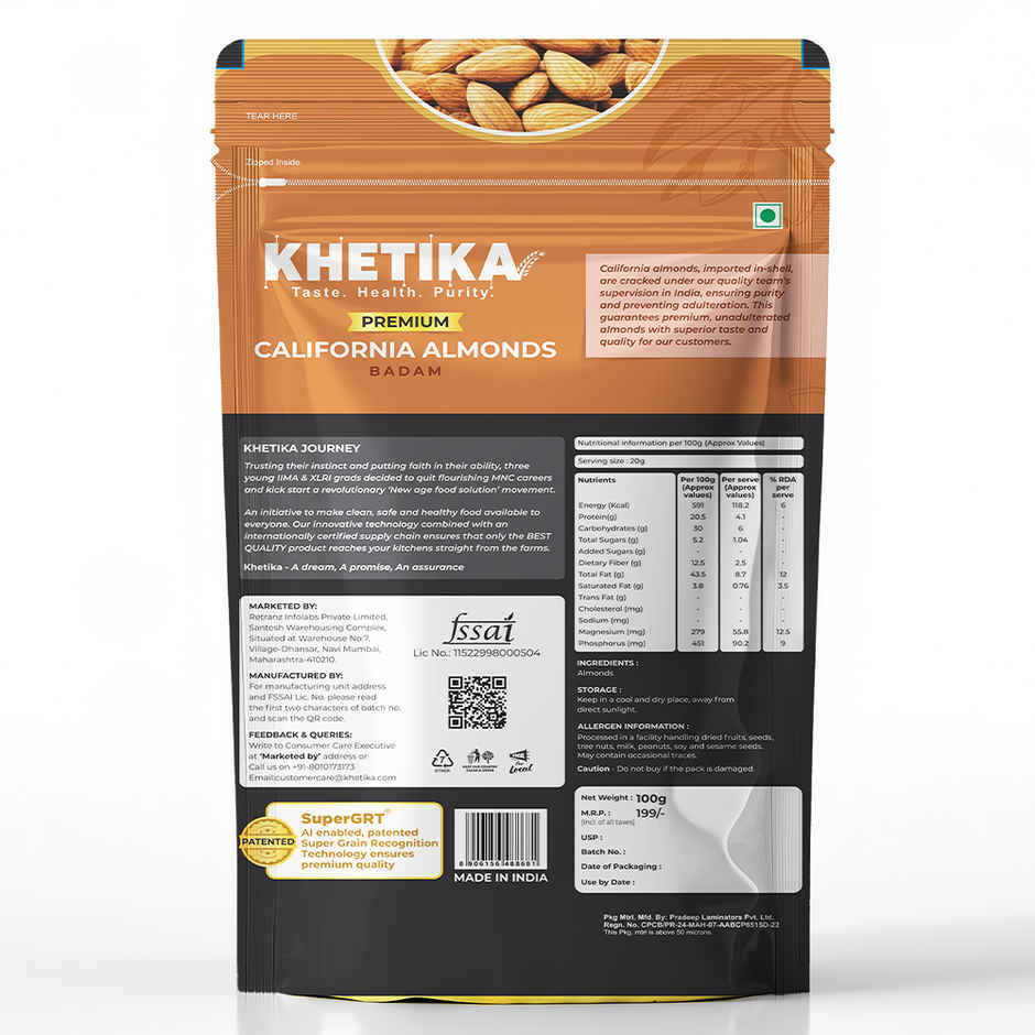Khetika Premium California Almonds | Badam | Unpolished | Rich in Fiber Combo