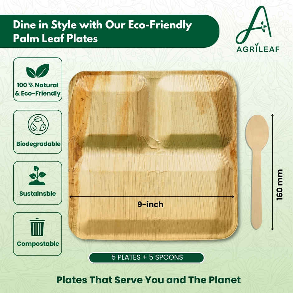 AGRILEAF 9 Inch Square 3-Compartment Areca Palm Leaf Disposable 5 Plates with 5 Spoons