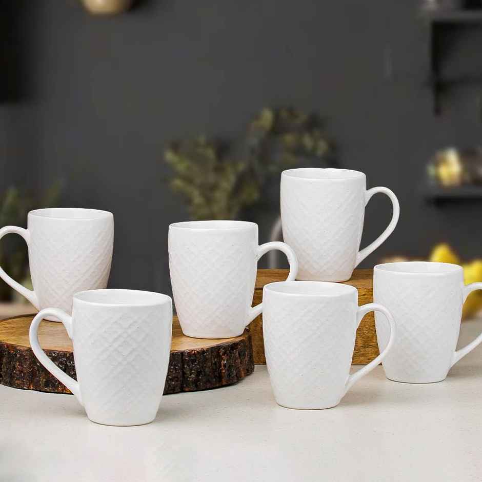 The Earth Store White Check 400 ml Ceramic Coffee Mug Microwave Safe Mug for Gift