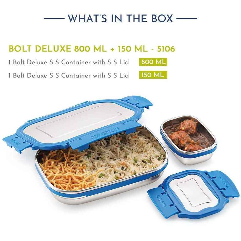 Magnus Bolt Dlx Stainless Steel Lunch Box with Lid for School (800ml + 150ml)