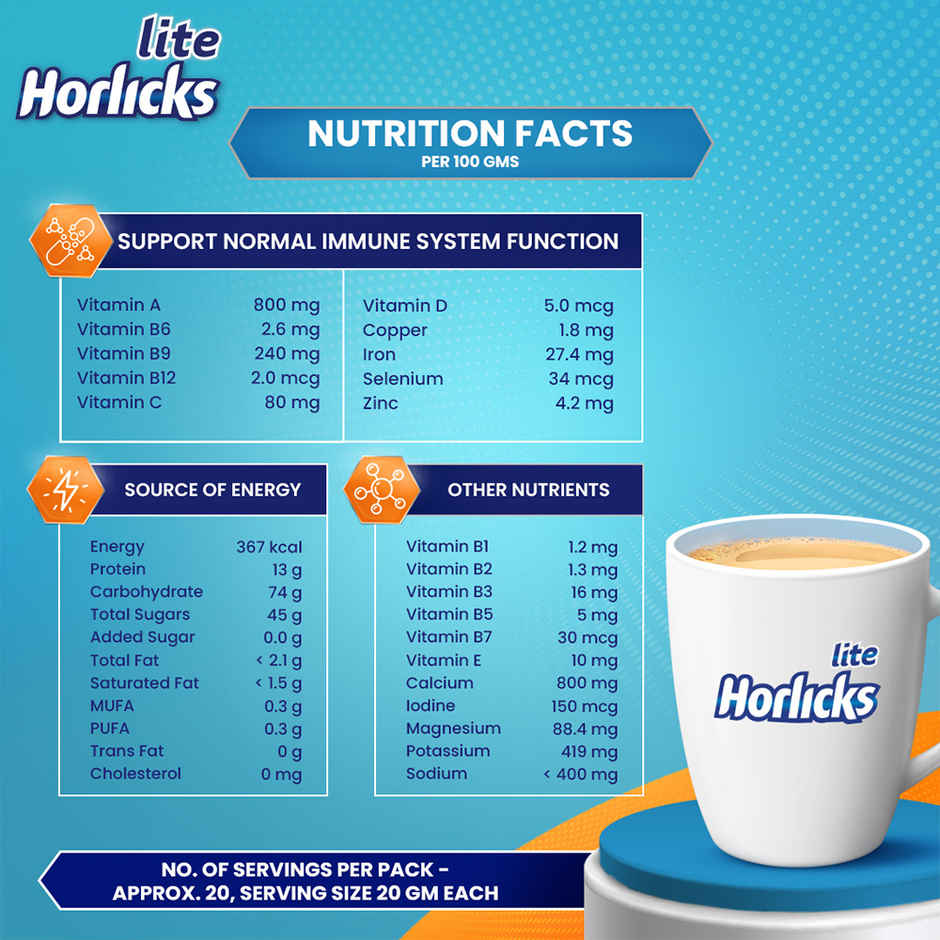 Horlicks Lite Jar Regular Malt Drink Mix