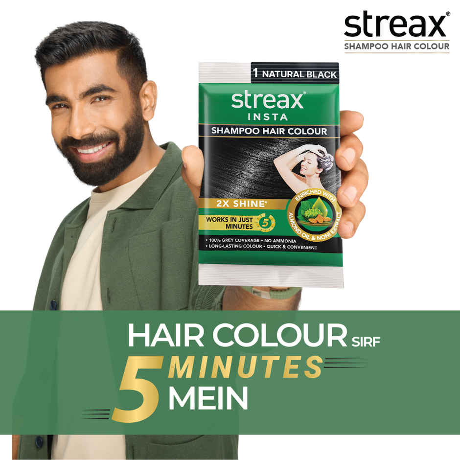 Streax Insta Shampoo Hair Colour for Women and Men- Natural Black | 100% grey coverage in 5 mins