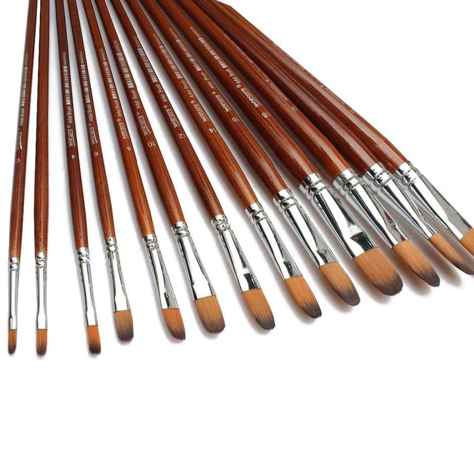 Chrome Long Handle Synthetic Filbert Tip Artist Paint Brushes - 13 Piece Set