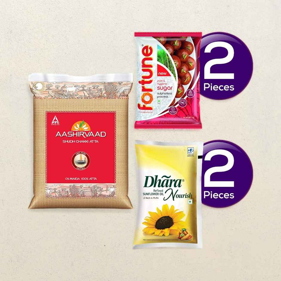 Aashirvaad Atta - Whole Wheat, Dhara Nourish Refined Sunflower Oil Pouch & Fortune Sugar Combo