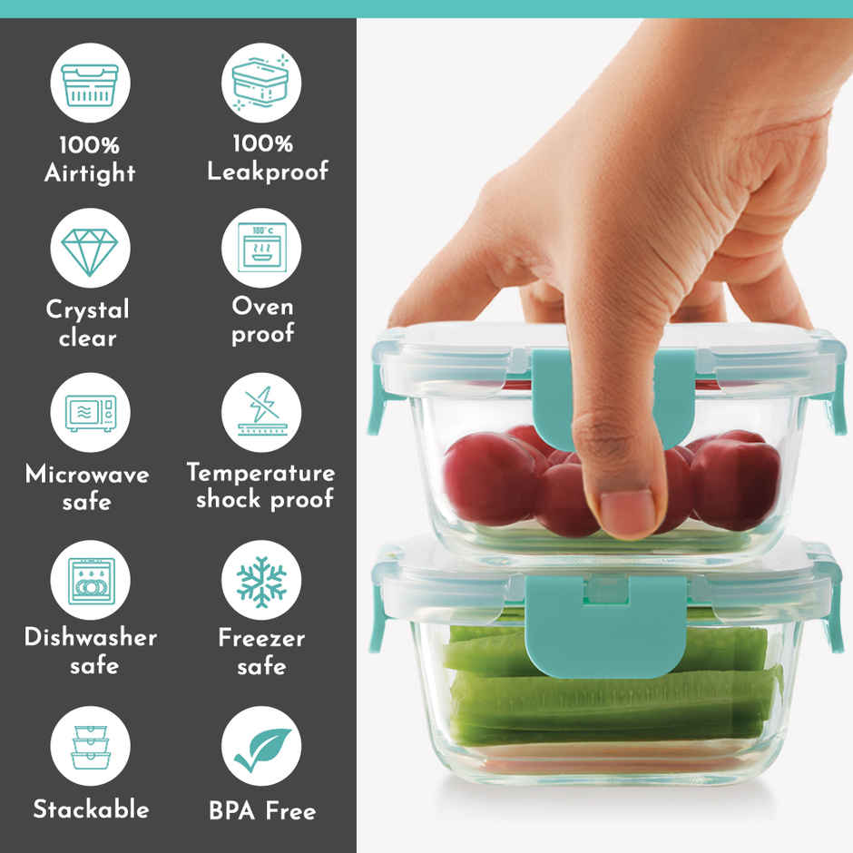 Magnus 320 ml Glock Linen Glass Lunch Box with Flat Pouch and Detachable Clip | 2 Square Containers