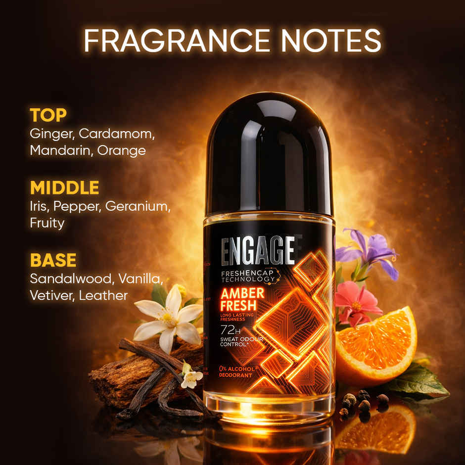 Engage Amber Fresh Underarm Roll-On Deo for  Men | 72hr Protection