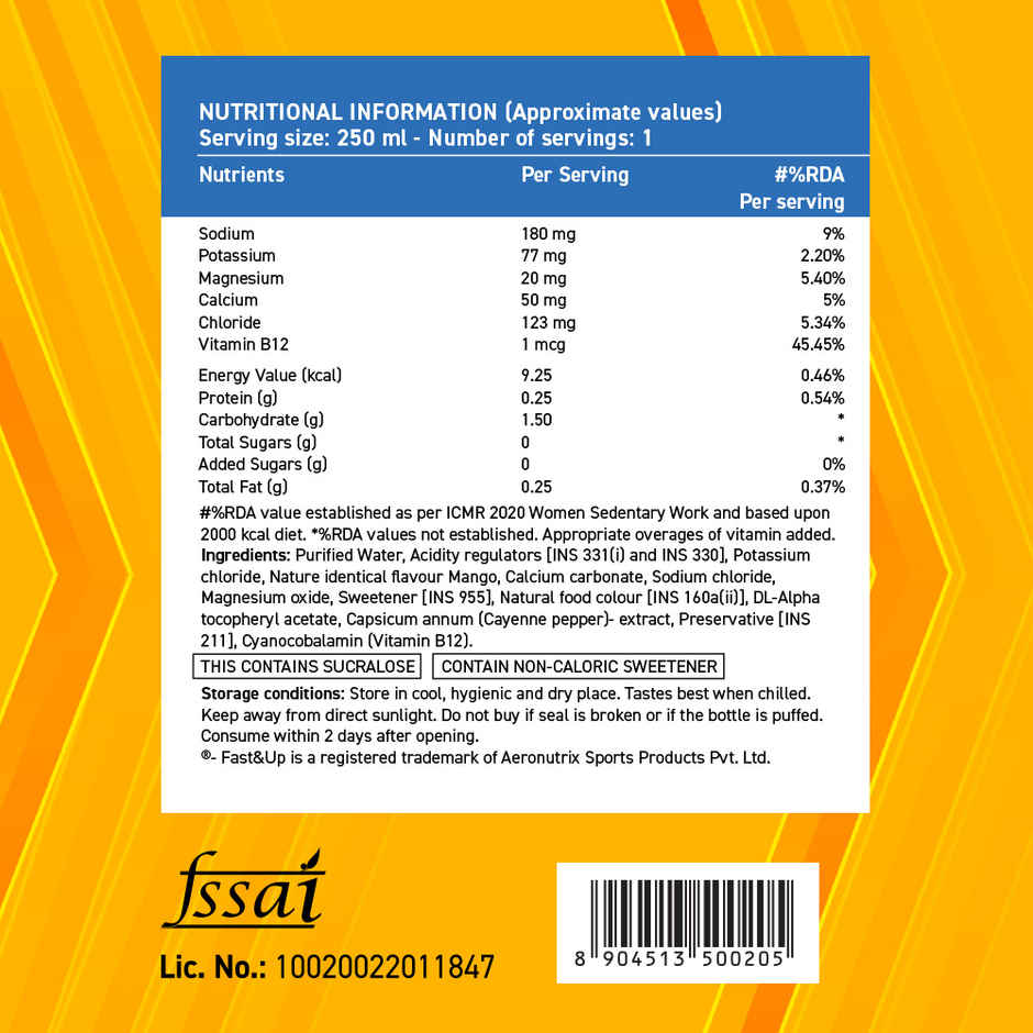 Fast&Up Reload Mango Zero Sugar Energy Drink | Instant Electrolytes | Healthy & Refreshing Drink