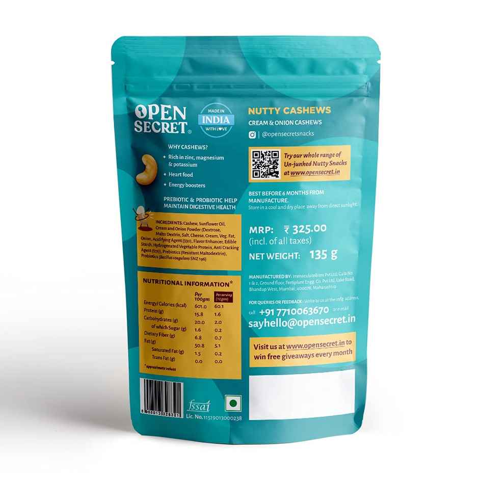Open Secret Cream & Onion Nutty Cashews (Kaju) - Healthy Snack | Dry Fruits | Tasty Nuts