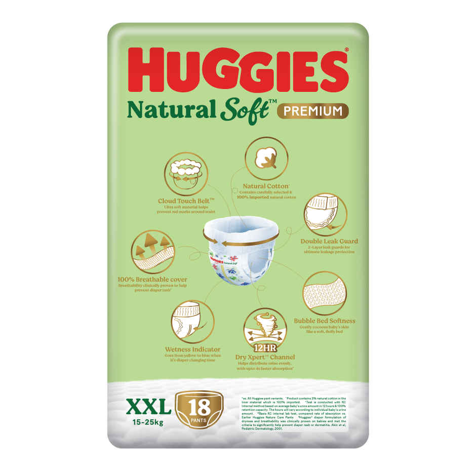 Huggies Natural soft Premium Pant style Baby diaper | XXL , 15-25kg, 12 hour absorption, 100% natural cotton, wetness indicator