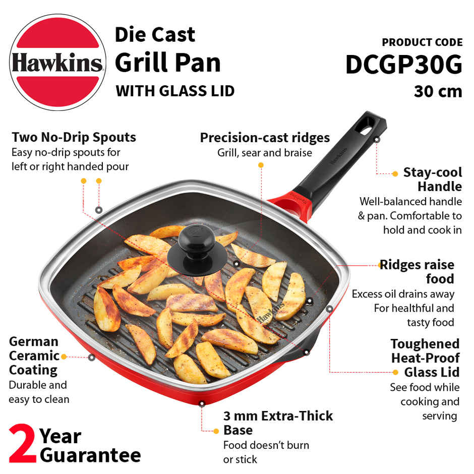 Hawkins Non Stick Grill Pan with Glass Lid | 30 cm | Red