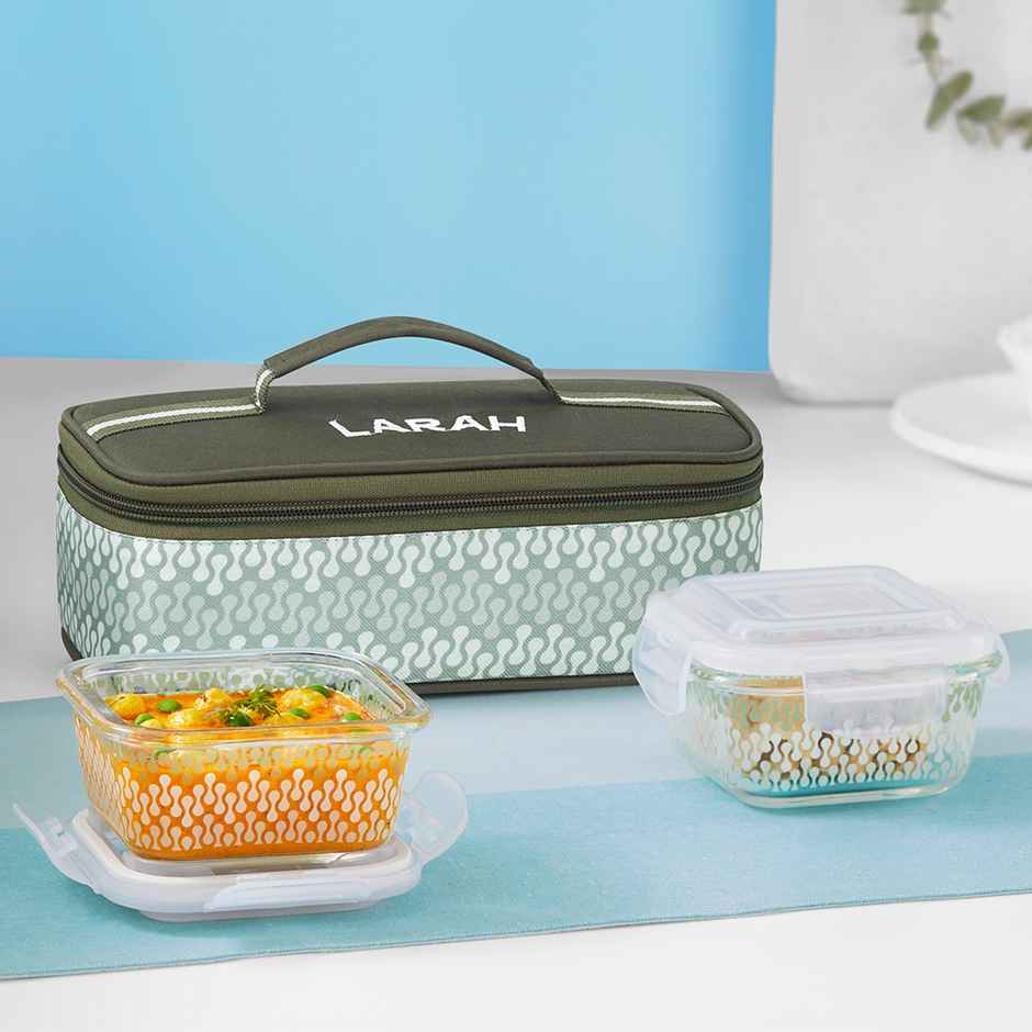 Larah Glassware Gracia Lunchbox, 2pc Borosilicate Glass Square Container | 320ml | Microwave Safe