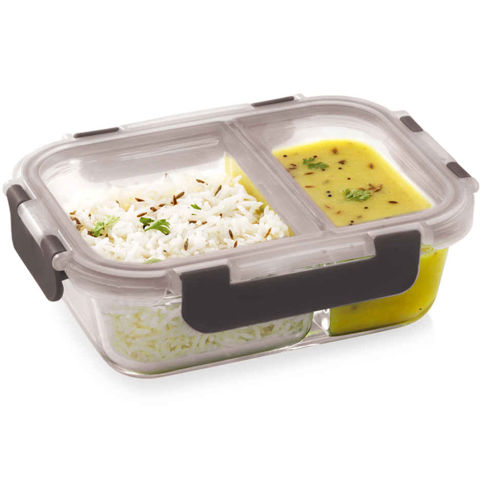 Magnus Glock 580 ml Divider Grey Container with Airtight Lid & Detachable Lock, Borosilicate Glass