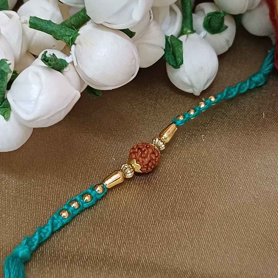 Rudraksh Blue Mauli Gold Moti Beaded Rakhi | Traditional and Beautiful | Gullak