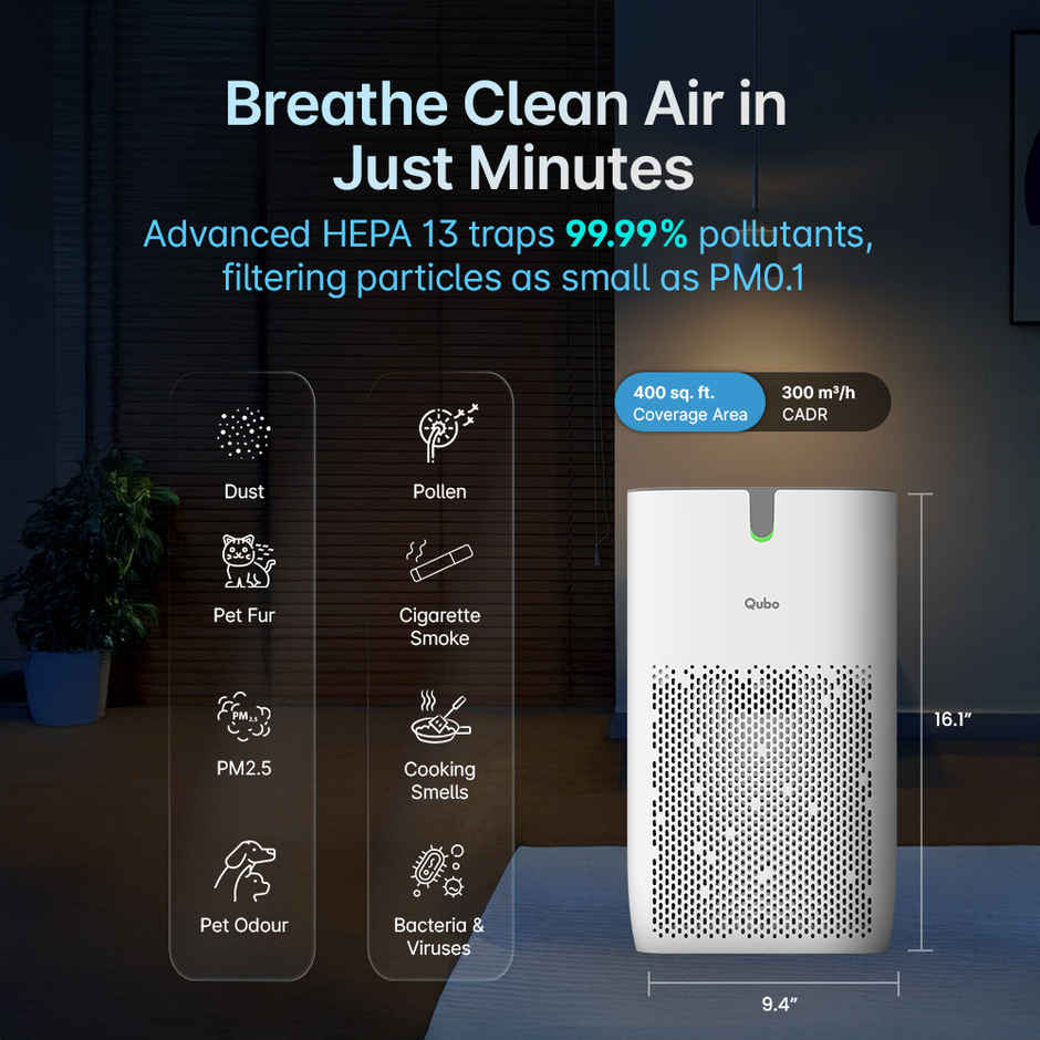 Qubo Q400 Smart Air Purifier with HEPA 13 Filter |White, 35W
