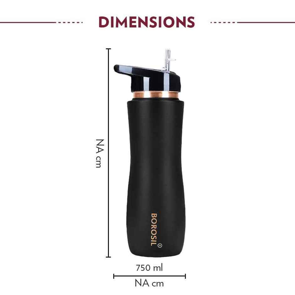 Borosil Black Colour Copper Sipper Bottle 750 ml, 100% Pure Copper