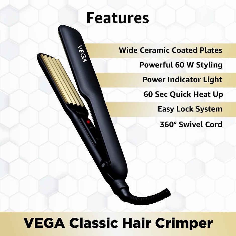 VEGA Classic Hair Crimper With Quick Heat Up & Ceramic Coated Plates, Black, (Vhcr-01)