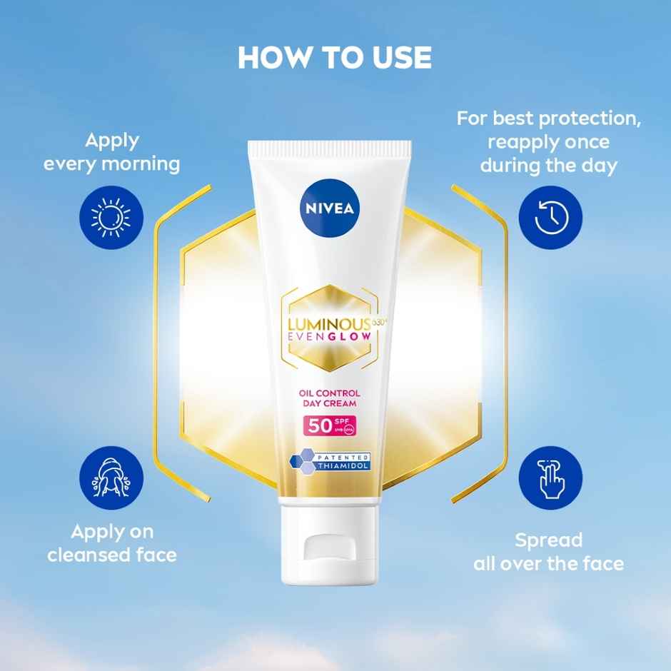 Nivea Luminous Even Glow Oil Control Serum| Thiamidol, Salicylic, Hyaluronic Acid| Reduces Dark Spot (40ml) & Nivea Luminous Even Glow Face Wash | Oil Free Formula, Aha, Aloe Vera, Guarana Extract | Deep Clean (100ml) & Nivea Luminous Even Glow Oil Control Day Cream Spf 50,Thiamidol |Uv Protection & Reduces Dark Spots (40ml) & Nivea Luminous Even Glow Night Cream |Thiamidol & Hyaluronic Acid |Moisturizes & Reduces Dark Spots (40ml) Combo
