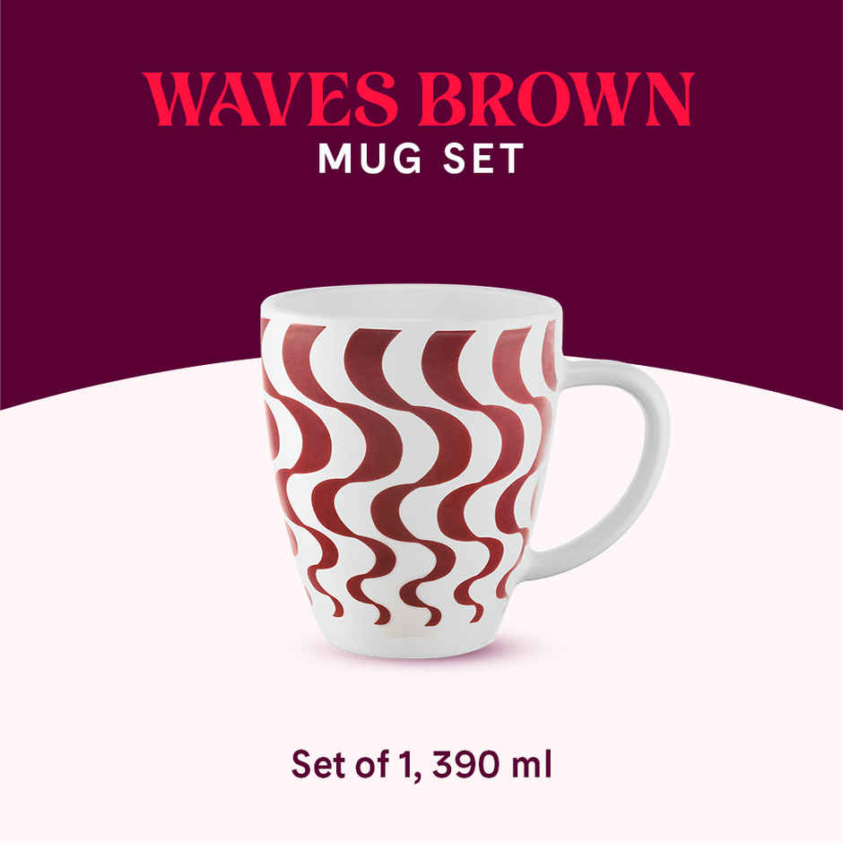 Larah By Borosil Waves Brown Opalware Tea/Coffee Mugs Set, 390Ml Each, Microwave & Dishwasher Safe