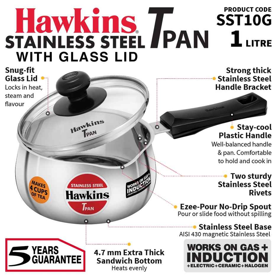 Hawkins 1 Litre Tpan Stainless Steel Tea Pan With Glass Lid Induction Sauce Chai Pan Small - Silver