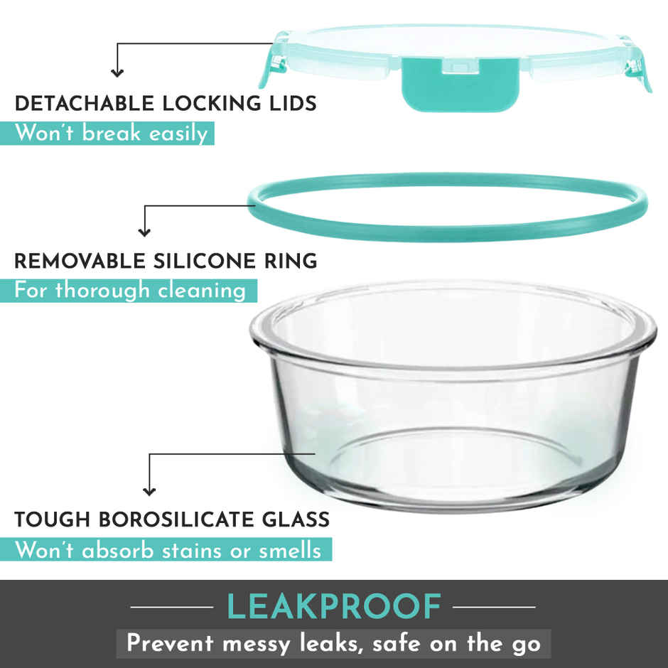 Magnus Glock Round 950 ml Borosilicate Glass Container with Airtight Lid & Detachable Lock | Green