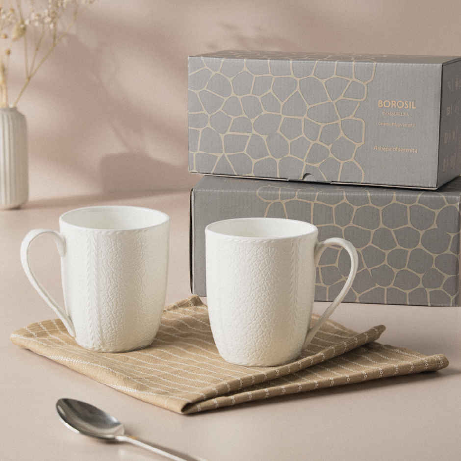 Borosil Porcelia Elva Ivory Tea Coffee Porcelain Mug Set Microwave Dishwasher Safe