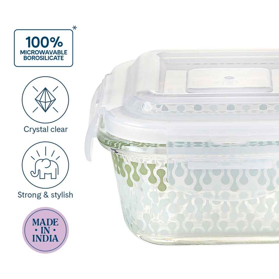 Larah Glassware Gracia Borosilicate Glass Lunchbox, 3pc Square Container | 320ml | Microwave Safe