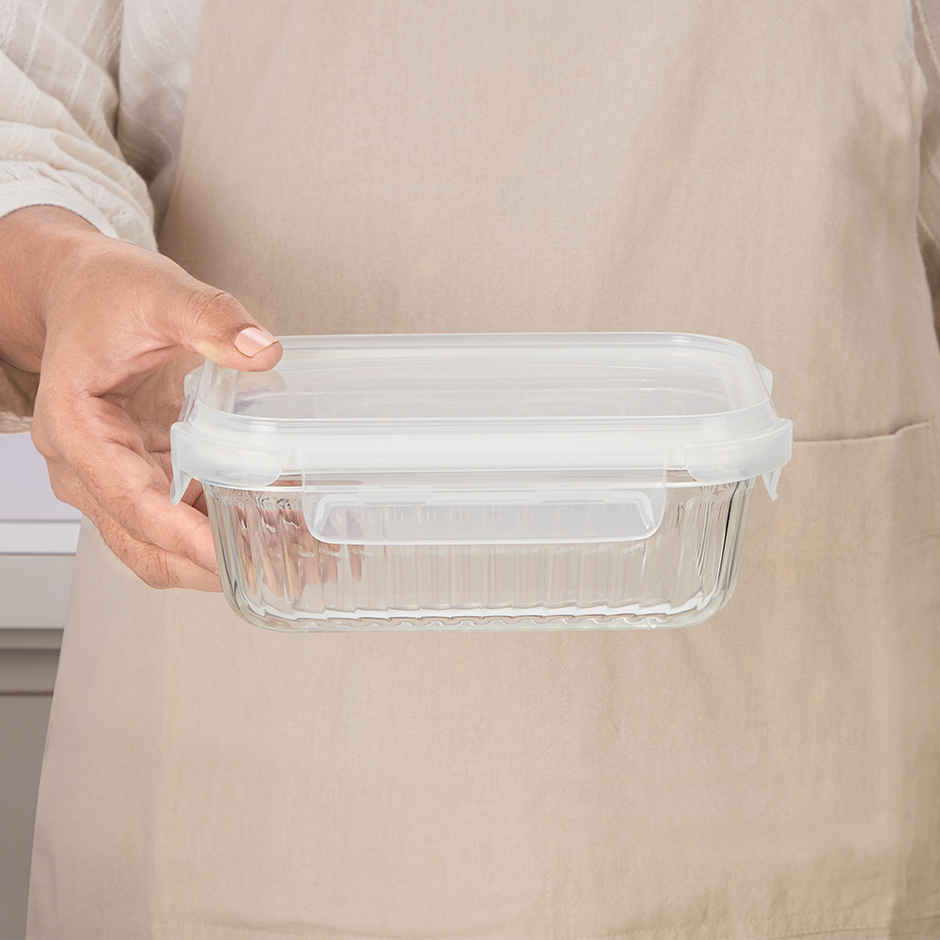 Borosil Fluted Klip N Store Rectangle Food Storage Container Borosilicate Glass Microwave Safe