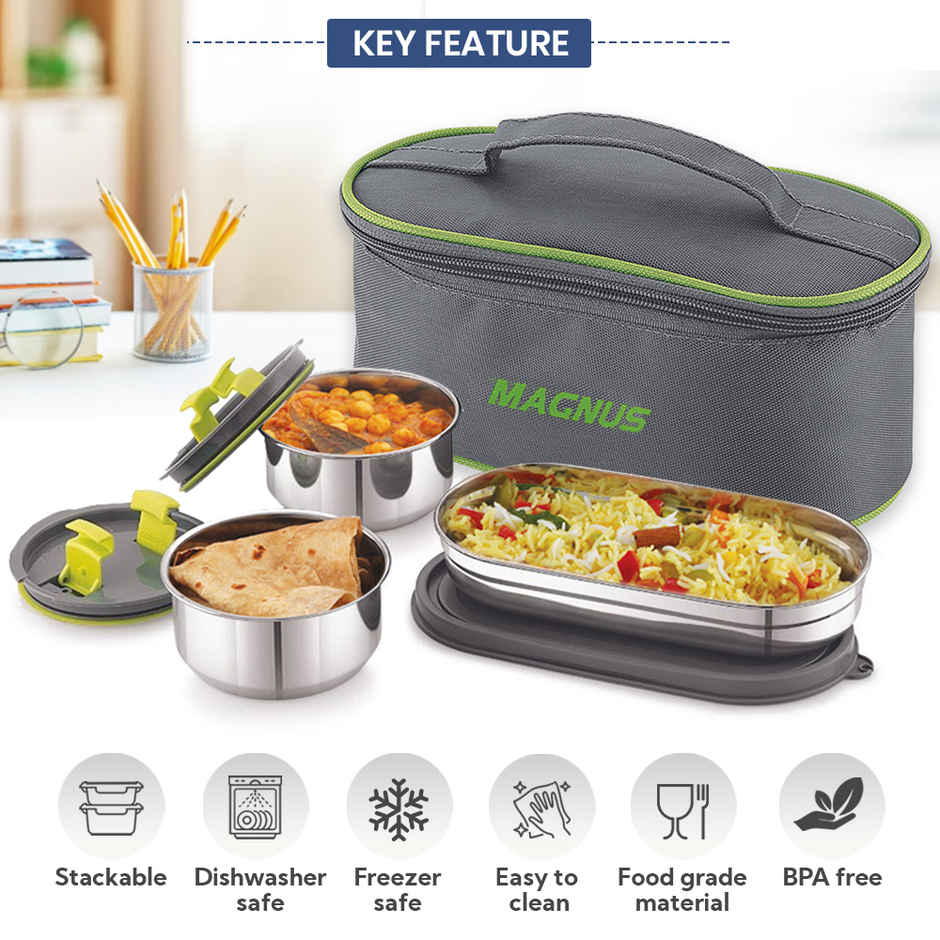 Magnus Olive-3 Prime Stainless Steel Lunchbox With Leak-Proof Containers & Insulated Carry Case