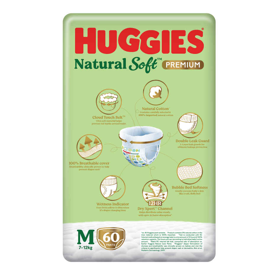 Huggies Natural soft Premium Pant style Baby diaper | Medium , 7-12kg, 12 hour absorption, 100% natural cotton, wetness indicator