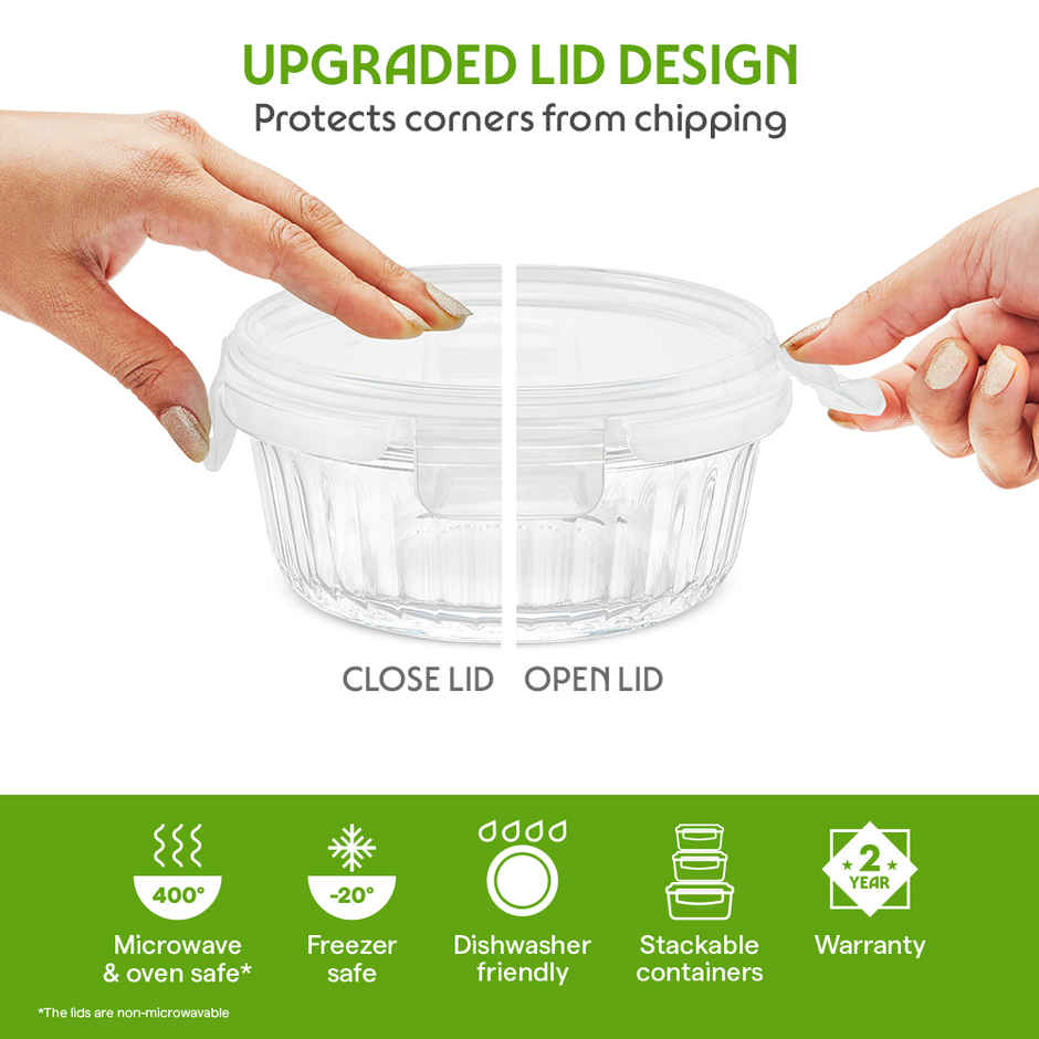 Borosil 620ml Fluted Klip N Store Round Food Storage Container Borosilicate Glass Microwave Safe