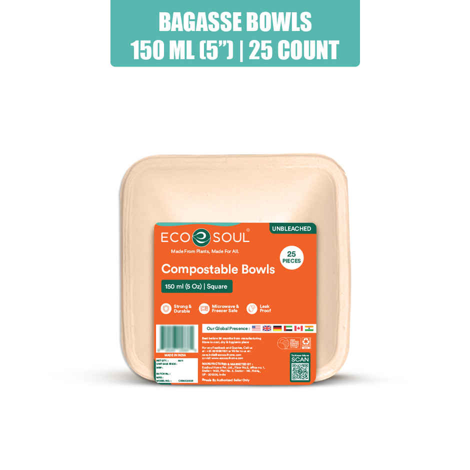 ECO SOUL | Bagasse Disposable Bowls | 150 ml | Square | 25 Count