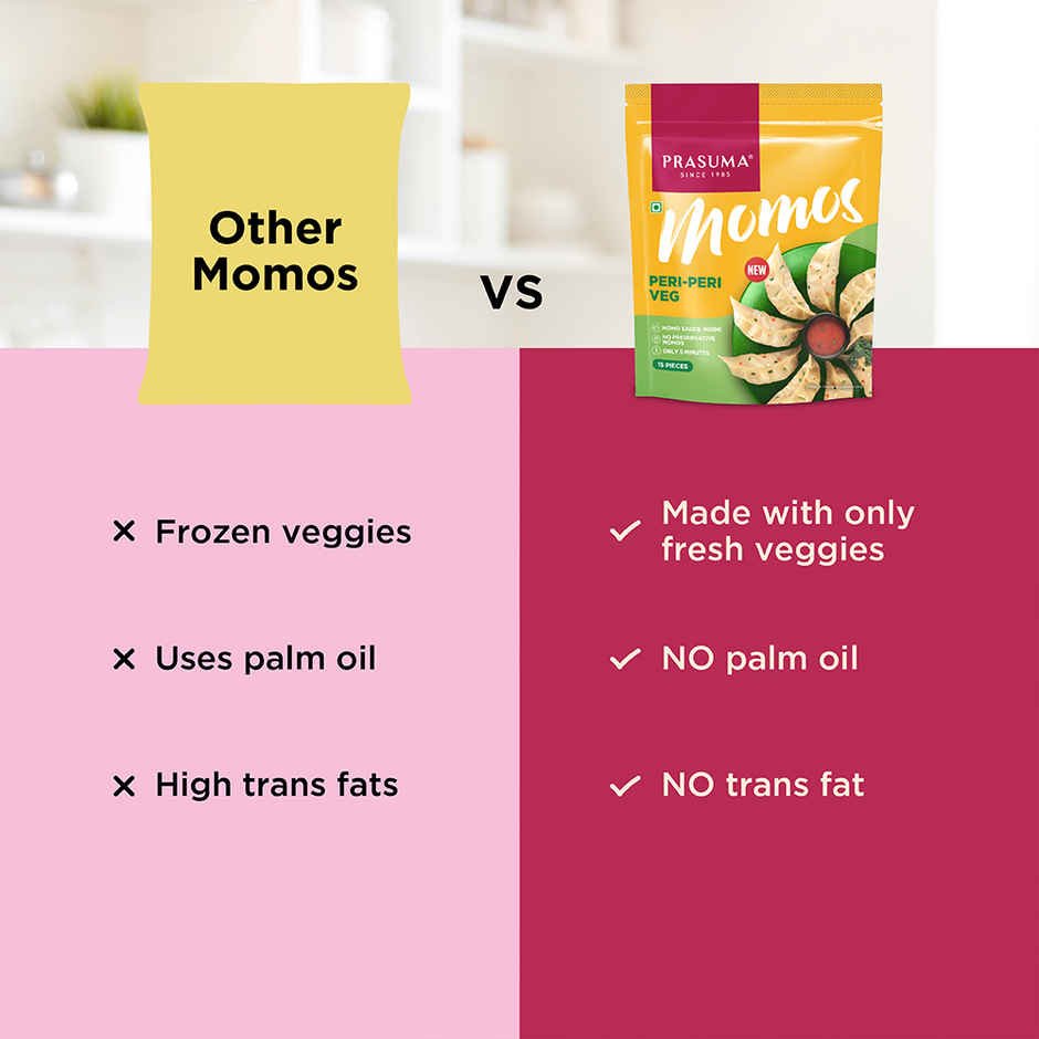 Prasuma Peri Peri Veg Momos | Tangy Veggie Filling | No Preservatives, MSG or Palm Oil