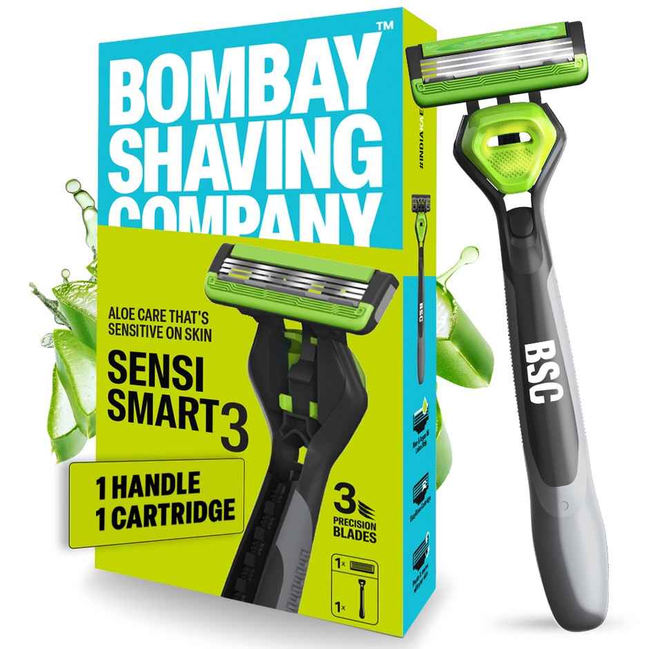 Bombay Shaving Company Sensi Smart 3 Razor | Shaving Razor For Men | Aloe Gel And Argan Oil Lubra Strip (1pc) & Cartridge For Bombay Shaving Company Sensi Smart 3 Razor| Curved Blades Ensure Precise, Safe, And Smooth Shaves (2pc) Combo